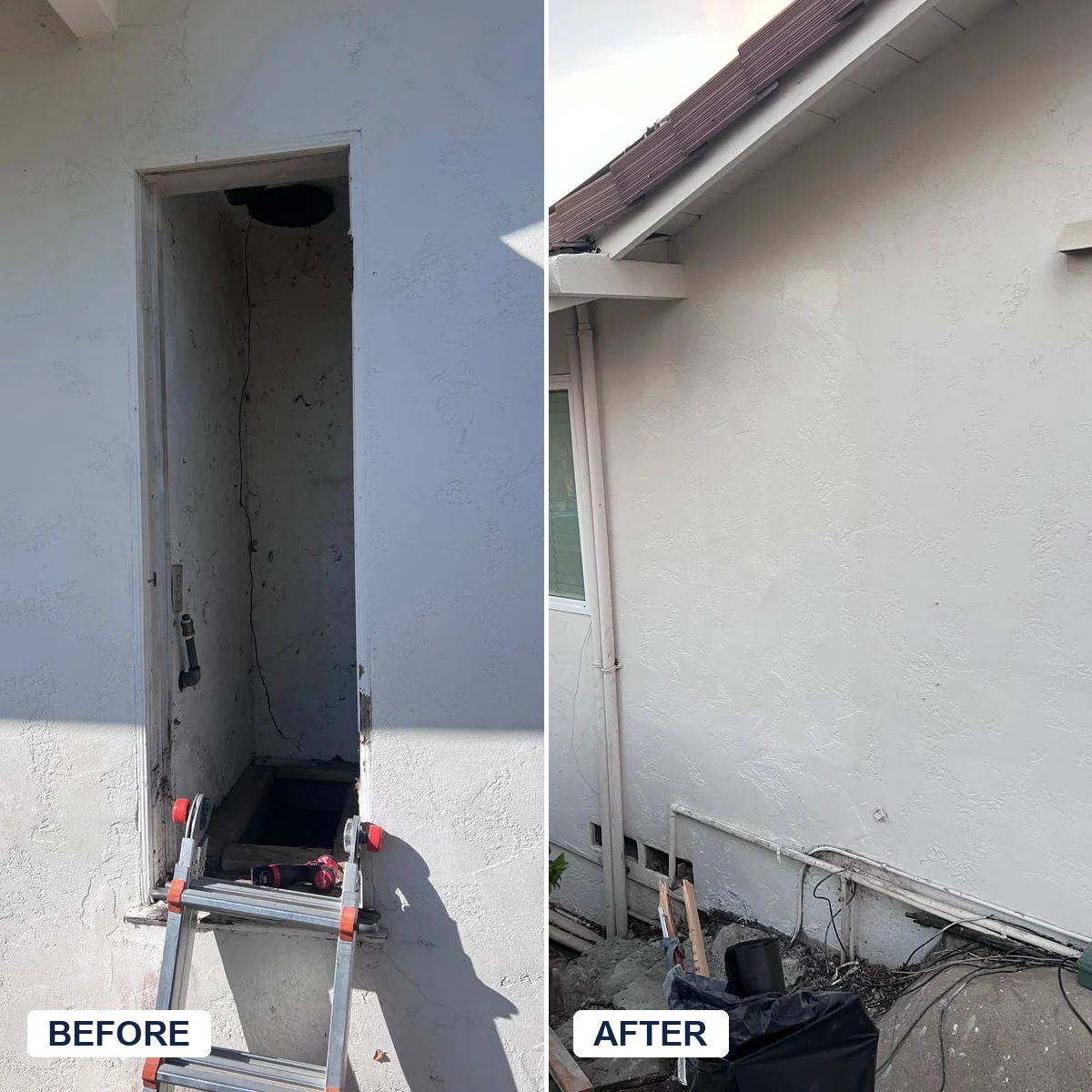 Stucco patch before and after by Easy Break Service in San Diego — large opening filled, lath and stucco coats applied, finished wall is invisible