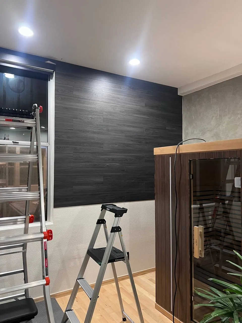 Dark wood-slat wall with plants in a San Diego living space