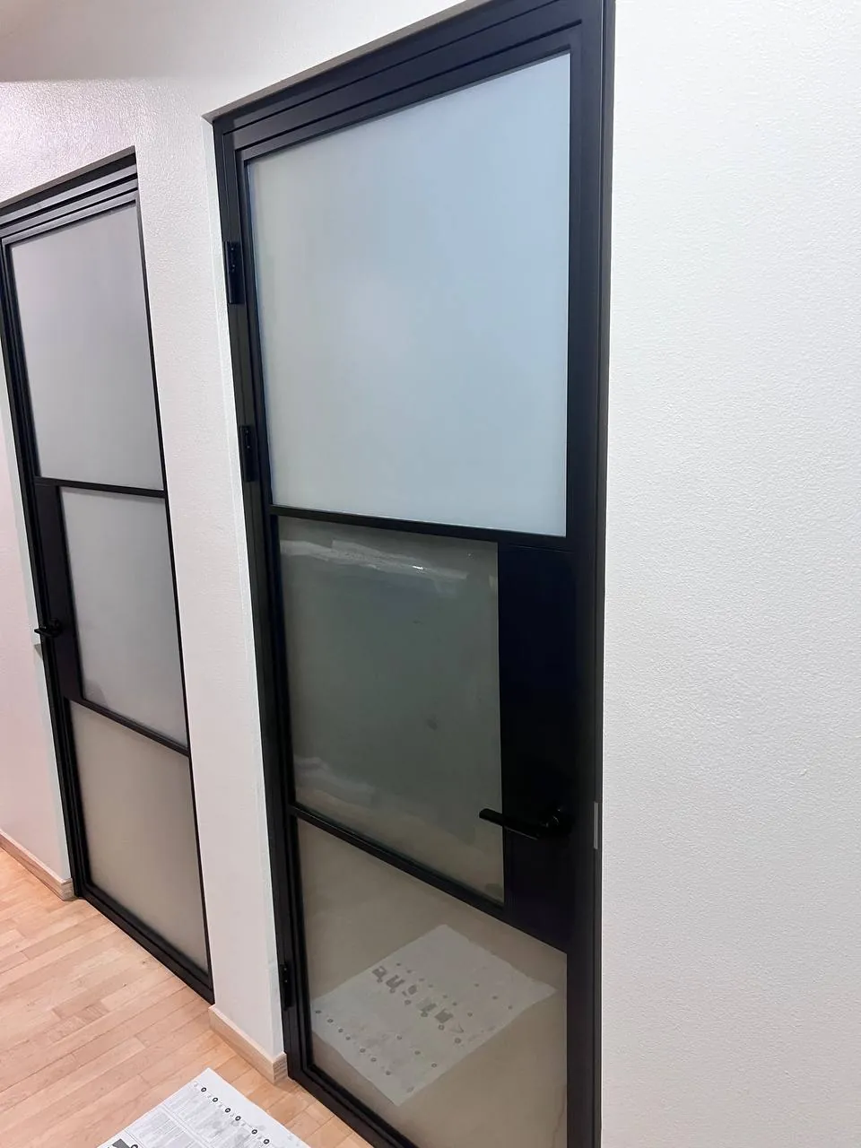 Black-framed glass pivot door in a modern San Diego home