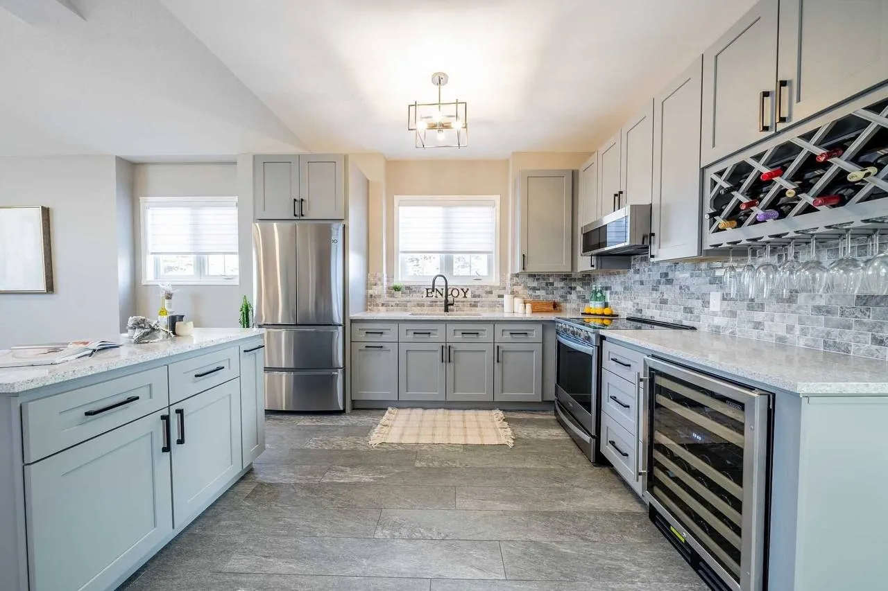 Bright remodeled kitchen with island seating