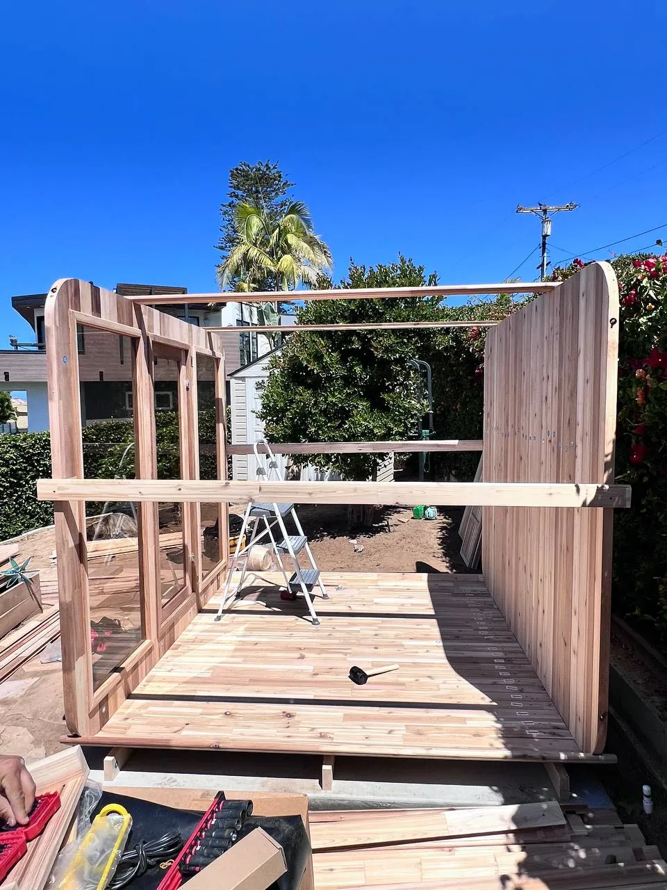 Wood gazebo / cabana being framed and built